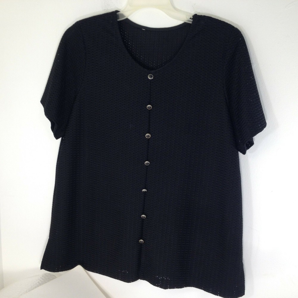 Vintage Mesh Black Top Blouse Pull Over w/Great Decorative Buttons Size L XL